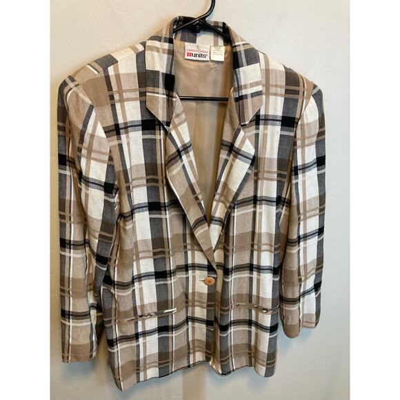 Vintage 90's Oversized Fall Plaid Brown & Black Long Blazer Jacket Size Large - Picture 4 of 9